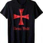 Distressed Deus Vult Knights Templar Cross T-Shirt Nero Uomo-0