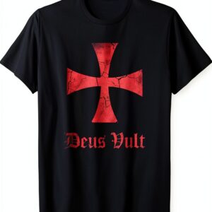 Distressed Deus Vult Knights Templar Cross T-Shirt Nero Uomo-0