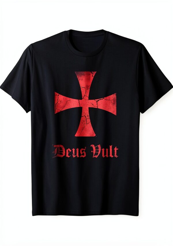Distressed Deus Vult Knights Templar Cross T-Shirt Nero Uomo-0