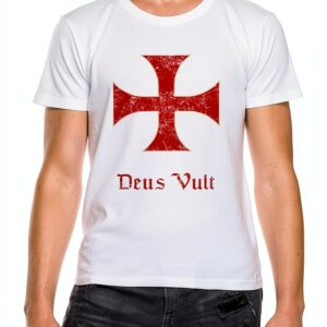Deus Vult Crusader Cross T-shirt Bianca Uomo Cotone Morbido-0