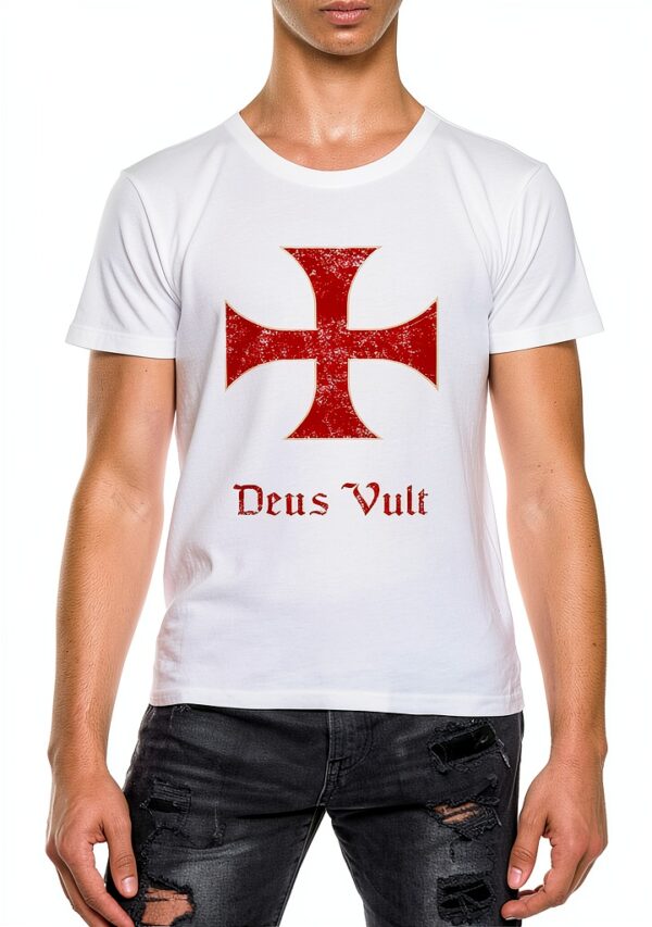 Deus Vult Crusader Cross T-shirt Bianca Uomo Cotone Morbido-0